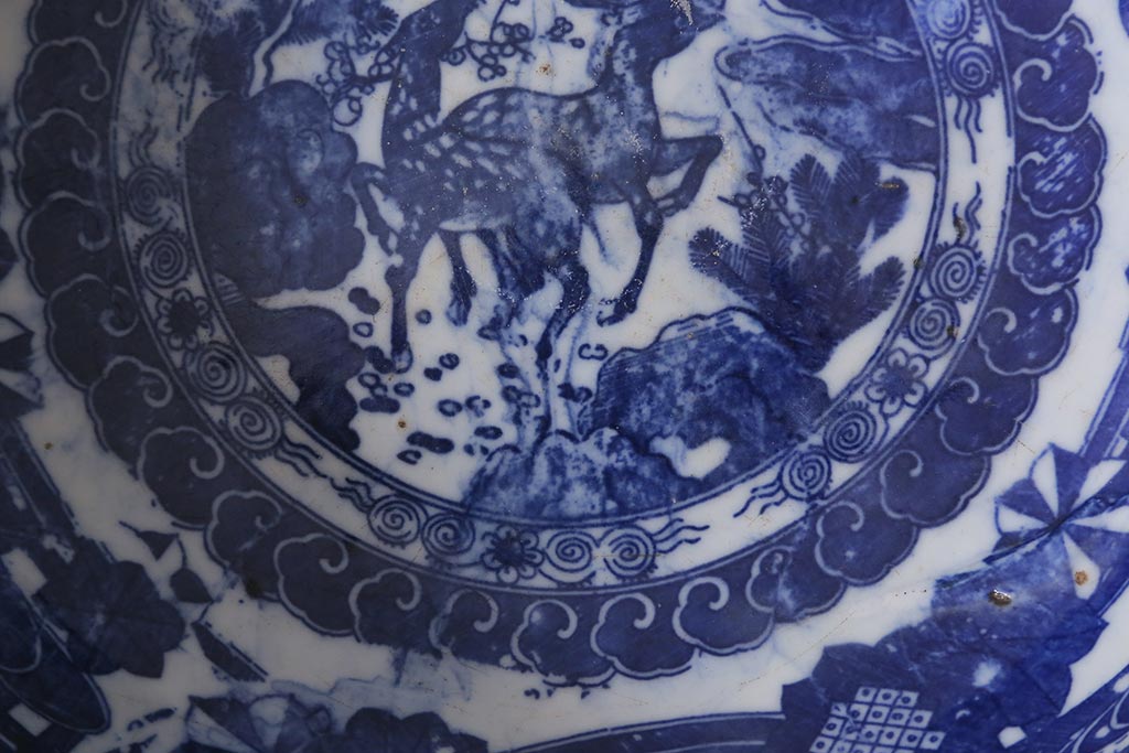 アンティーク雑貨　古民具・骨董　明治大正期　鹿図印判深鉢(深皿、和食器)(R-040834)