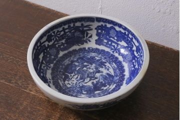アンティーク雑貨　古民具・骨董　明治大正期　鹿図印判深鉢(深皿、和食器)(R-040834)