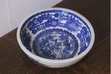アンティーク雑貨　古民具・骨董　明治大正期　鹿図印判深鉢(深皿、和食器)(R-040834)