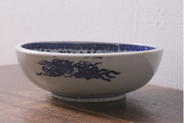 アンティーク雑貨　古民具・骨董　明治大正期　鹿図印判深鉢(深皿、和食器)(R-040834)