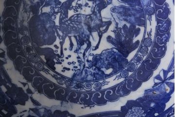 アンティーク雑貨　古民具・骨董　明治大正期　鹿図印判深鉢(深皿、和食器)(R-040834)