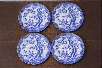 アンティーク雑貨　昭和初期　「日本特製」　輸出用　梅図印判皿4枚セット(中皿、和食器)(R-040837)