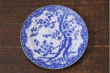 アンティーク雑貨　昭和初期　「日本特製」　輸出用　梅図印判皿4枚セット(中皿、和食器)(R-040837)