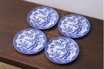 アンティーク雑貨　昭和初期　「日本特製」　輸出用　梅図印判皿4枚セット(中皿、和食器)(R-040837)