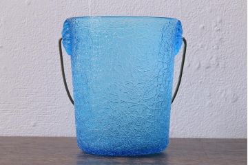 アンティーク雑貨　レトロ雑貨　大正期　氷裂文　青いガラスのアイスペール(アイスバスケット、氷入れ)(R-040839)