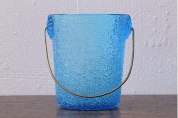 アンティーク雑貨　レトロ雑貨　大正期　氷裂文　青いガラスのアイスペール(アイスバスケット、氷入れ)(R-040839)