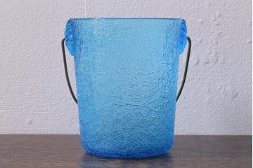 アンティーク雑貨　レトロ雑貨　大正期　氷裂文　青いガラスのアイスペール(アイスバスケット、氷入れ)(R-040839)
