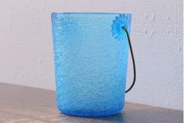 アンティーク雑貨　レトロ雑貨　大正期　氷裂文　青いガラスのアイスペール(アイスバスケット、氷入れ)(R-040839)