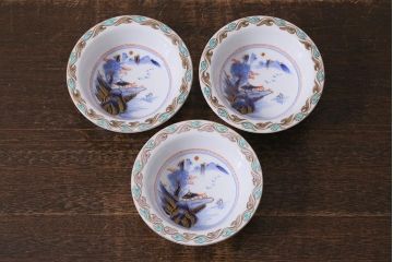アンティーク雑貨　明治期　金彩色絵染付向付3点セット(小鉢、小皿、和食器)(R-040846)