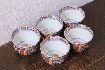 アンティーク雑貨　幕末明治期　伊万里　色絵　奇玉宝鼎之珍　蕎麦猪口5客セット(湯呑、向付、和食器)(R-040850)