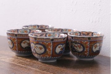 アンティーク雑貨　幕末明治期　伊万里　色絵　奇玉宝鼎之珍　蕎麦猪口5客セット(湯呑、向付、和食器)(R-040850)