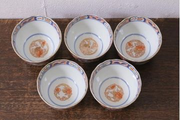 アンティーク雑貨　幕末明治期　伊万里　色絵　奇玉宝鼎之珍　蕎麦猪口5客セット(湯呑、向付、和食器)(R-040850)