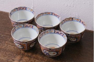 アンティーク雑貨　幕末明治期　伊万里　色絵　奇玉宝鼎之珍　蕎麦猪口5客セット(湯呑、向付、和食器)(R-040850)