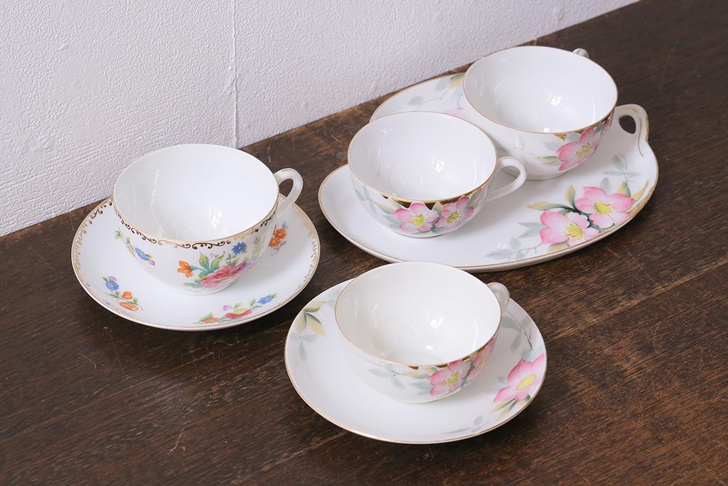 オールドノリタケ(日陶、Noritake、則武)　金彩　アザレア花文カップ&ソーサー・スナックセット、花文カップ&ソーサー(ランチョンセット、洋食器)(R-040851)