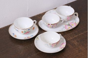 オールドノリタケ(日陶、Noritake、則武)　金彩　アザレア花文カップ&ソーサー・スナックセット、花文カップ&ソーサー(ランチョンセット、洋食器)(R-040851)