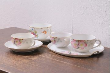 オールドノリタケ(日陶、Noritake、則武)　金彩　アザレア花文カップ&ソーサー・スナックセット、花文カップ&ソーサー(ランチョンセット、洋食器)(R-040851)