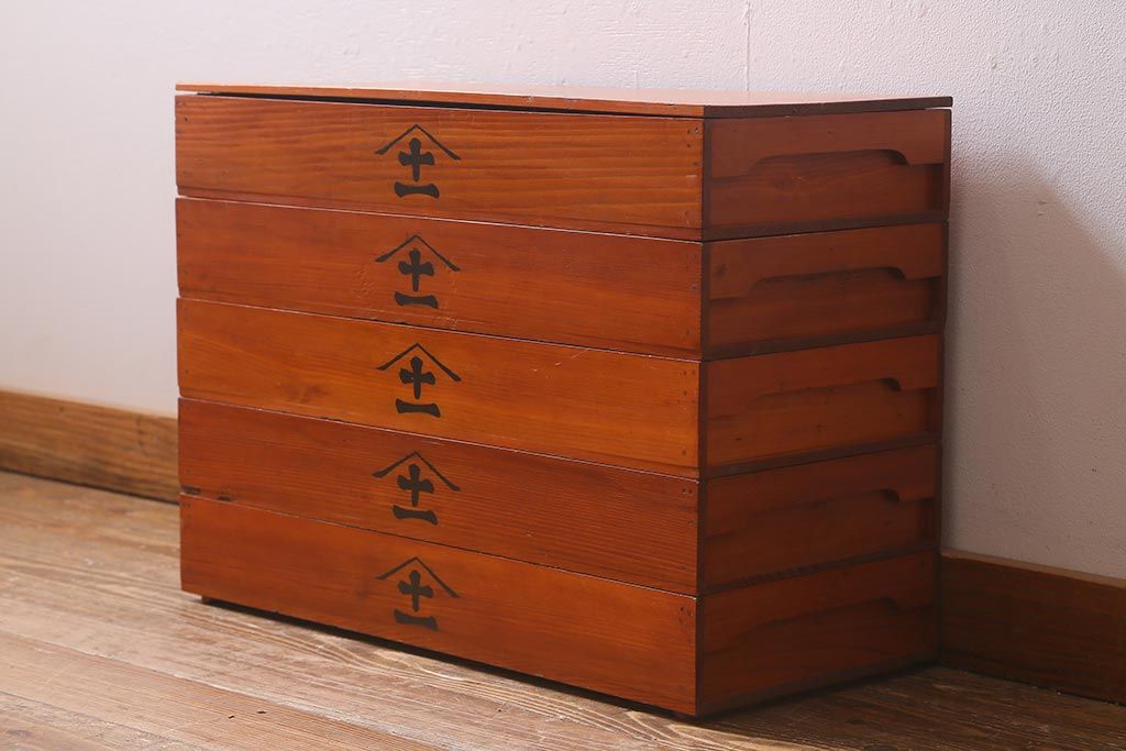 アンティーク雑貨　昭和初期　懐かしさ漂う木製のばんじゅう5個セット(番重、木箱)(R-040854)