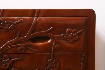 中古　伝統工芸　日光彫り　竹・梅の木　彫刻が魅力の小引き出し(卓上収納、小物収納)(R-040883)