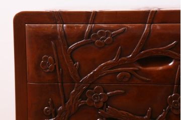 中古　伝統工芸　日光彫り　竹・梅の木　彫刻が魅力の小引き出し(卓上収納、小物収納)(R-040883)
