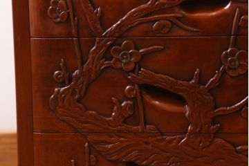 中古　伝統工芸　日光彫り　竹・梅の木　彫刻が魅力の小引き出し(卓上収納、小物収納)(R-040883)