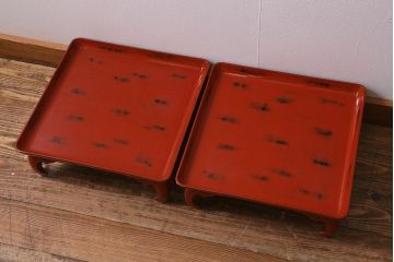 アンティーク雑貨　根来塗　和空間にぴったりな味のあるお膳2客セット(木製お膳、漆器)(R-040905)