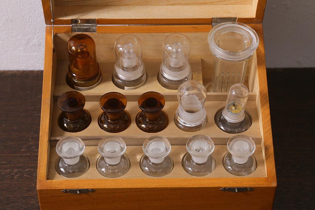 レトロ雑貨　プレパラート製作用具　昭和レトロな実験器具セット(木箱、ガラス瓶、薬瓶)(R-040916)