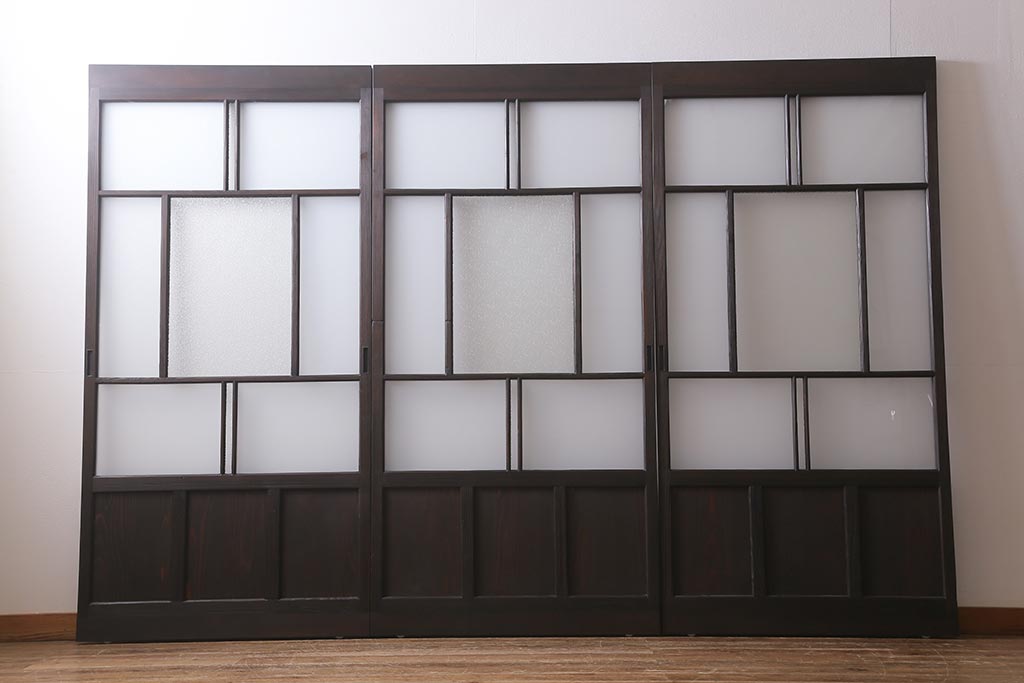 アンティーク建具　背高リメイク　昭和レトロ　ダイヤガラス・すりガラス入り　吊り下げタイプのガラス戸3枚セット(引き戸)(R-040924)