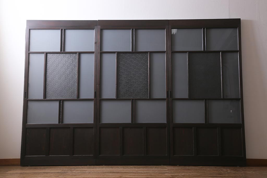 アンティーク建具　背高リメイク　昭和レトロ　ダイヤガラス・すりガラス入り　吊り下げタイプのガラス戸3枚セット(引き戸)(R-040924)