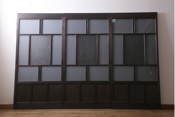 アンティーク建具　背高リメイク　昭和レトロ　ダイヤガラス・すりガラス入り　吊り下げタイプのガラス戸3枚セット(引き戸)(R-040924)