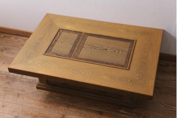 ビンテージ　民芸家具　鉄刀木(タガヤサン)材　内部銅製　杢目が美しい関西火鉢(囲炉裏、ローテーブル、長火鉢、座卓、リビングテーブル)(R-040929)