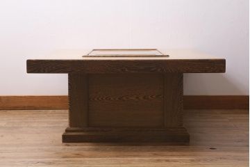 ビンテージ　民芸家具　鉄刀木(タガヤサン)材　内部銅製　杢目が美しい関西火鉢(囲炉裏、ローテーブル、長火鉢、座卓、リビングテーブル)(R-040929)