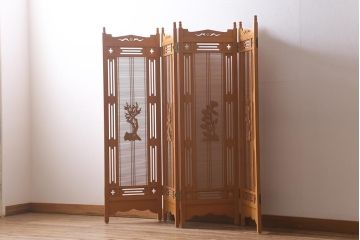 アンティーク家具　昭和中期　四君子(しくんし)　上質な空間作りにおすすめの四連折り畳み式パーテーション(衝立、仕切り)(R-040937)