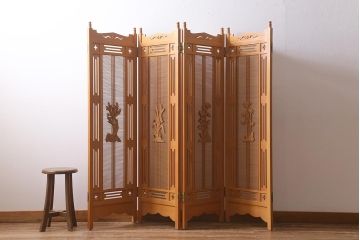 アンティーク家具　昭和中期　四君子(しくんし)　上質な空間作りにおすすめの四連折り畳み式パーテーション(衝立、仕切り)(R-040937)