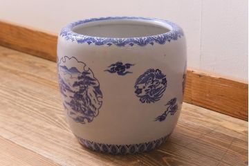 アンティーク雑貨　和製アンティーク　山水図　風情溢れる瀬戸火鉢(鉢カバー、手あぶり)(R-040999)
