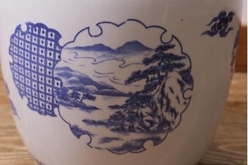 アンティーク雑貨　和製アンティーク　山水図　風情溢れる瀬戸火鉢(鉢カバー、手あぶり)(R-040999)