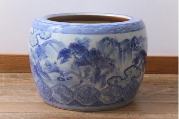 アンティーク雑貨　昭和初期　山水図　風情溢れる瀬戸火鉢(鉢カバー)(R-041001)