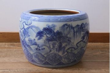 アンティーク雑貨　昭和初期　山水図　風情溢れる瀬戸火鉢(鉢カバー)(R-041001)