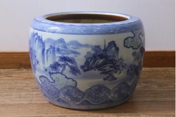 アンティーク雑貨　昭和初期　山水図　風情溢れる瀬戸火鉢(鉢カバー)(R-041001)
