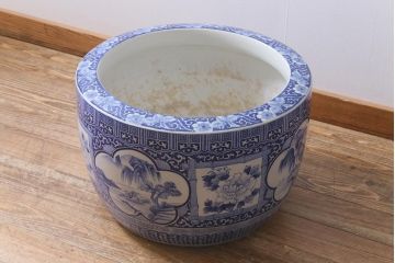 アンティーク雑貨　昭和初期　牡丹・山水図　風情溢れる瀬戸火鉢(鉢カバー)(R-041002)