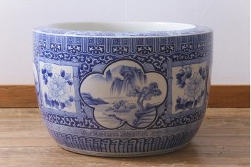 アンティーク雑貨　昭和初期　牡丹・山水図　風情溢れる瀬戸火鉢(鉢カバー)(R-041002)