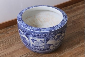 アンティーク雑貨　昭和初期　牡丹・山水図　風情溢れる瀬戸火鉢(鉢カバー)(R-041002)