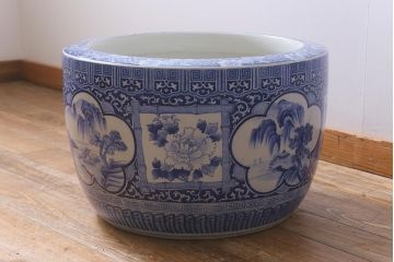 アンティーク雑貨　昭和初期　牡丹・山水図　風情溢れる瀬戸火鉢(鉢カバー)(R-041002)