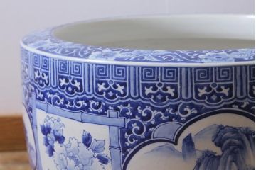 アンティーク雑貨　昭和初期　牡丹・山水図　風情溢れる瀬戸火鉢(鉢カバー)(R-041002)