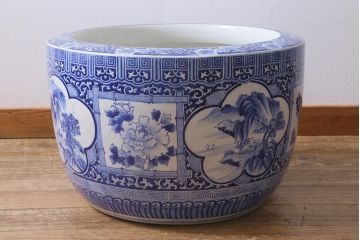 アンティーク雑貨　昭和初期　牡丹・山水図　風情溢れる瀬戸火鉢(鉢カバー)(R-041002)