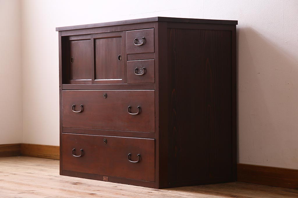 アンティーク家具　ヒノキ材天板リメイク　レトロなチェスト(サイドキャビネット、収納棚、テレビ台)(R-041032)