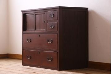 アンティーク家具　ヒノキ材天板リメイク　レトロなチェスト(サイドキャビネット、収納棚、テレビ台)(R-041032)