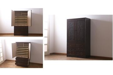 中古　伝統工芸　大坂屋製　軽井沢彫り　桜の図　使い勝手も良い衣装盆付きの衣装箪笥(和タンス)(R-041052)