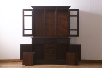 ヴィンテージ家具　松本民芸家具　収納力たっぷりの高級感漂うD型食器棚(カップボード、飾り棚、収納棚、本箱、ビンテージ)(R-041068)