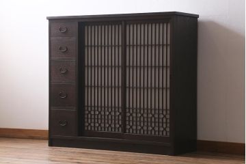 ラフジュ工房オリジナル　古建具リメイク　引き出し付き　障子貼りに組子が映える和モダンなキャビネット(戸棚、リビングボード)(R-041078)