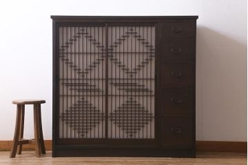 ラフジュ工房オリジナル　古建具リメイク　引き出し付き　風情漂う組子書院戸のキャビネット(戸棚、リビングボード)(R-041079)